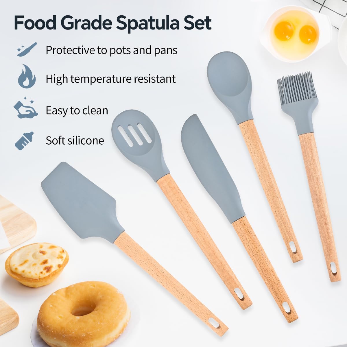 5 Pcs Silicone Spatula Set, Food Grade Rubber Spatula, Non Stick Upgrade Strong Handle with Ergonomic Grip, Heat Resistant Up to 600°F for Cooking, Baking, Mixing, Frosting