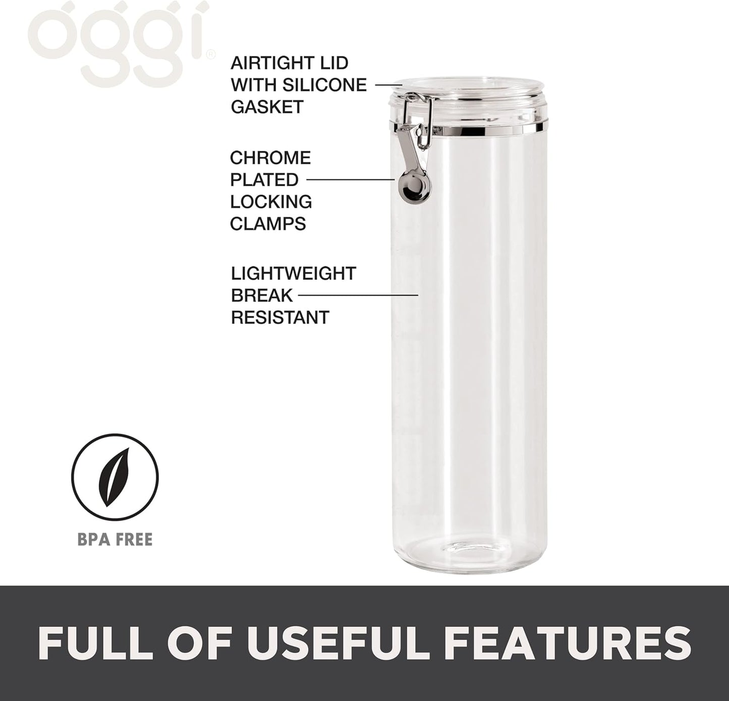 Oggi Large Clear Canister with Clamp Lid, 72 oz - Large Airtight Food Storage Container, for Kitchen & Pantry Storage of Bulk, Dry Foods, Pasta, Flour, Sugar, Coffee, Rice, Tea, Spices & Herbs