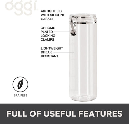 Oggi Large Clear Canister with Clamp Lid, 72 oz - Large Airtight Food Storage Container, for Kitchen & Pantry Storage of Bulk, Dry Foods, Pasta, Flour, Sugar, Coffee, Rice, Tea, Spices & Herbs