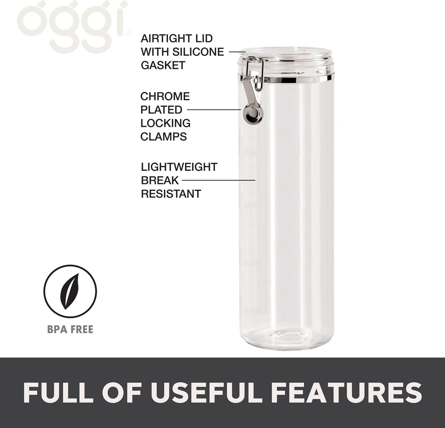 Oggi Clear Canister with Clamp Lid, 28 oz - Large Airtight Food Storage Container, for Kitchen & Pantry Storage of Bulk, Dry Foods Including Pasta, Flour, Sugar, Coffee, Rice, Tea, Spices & Herbs