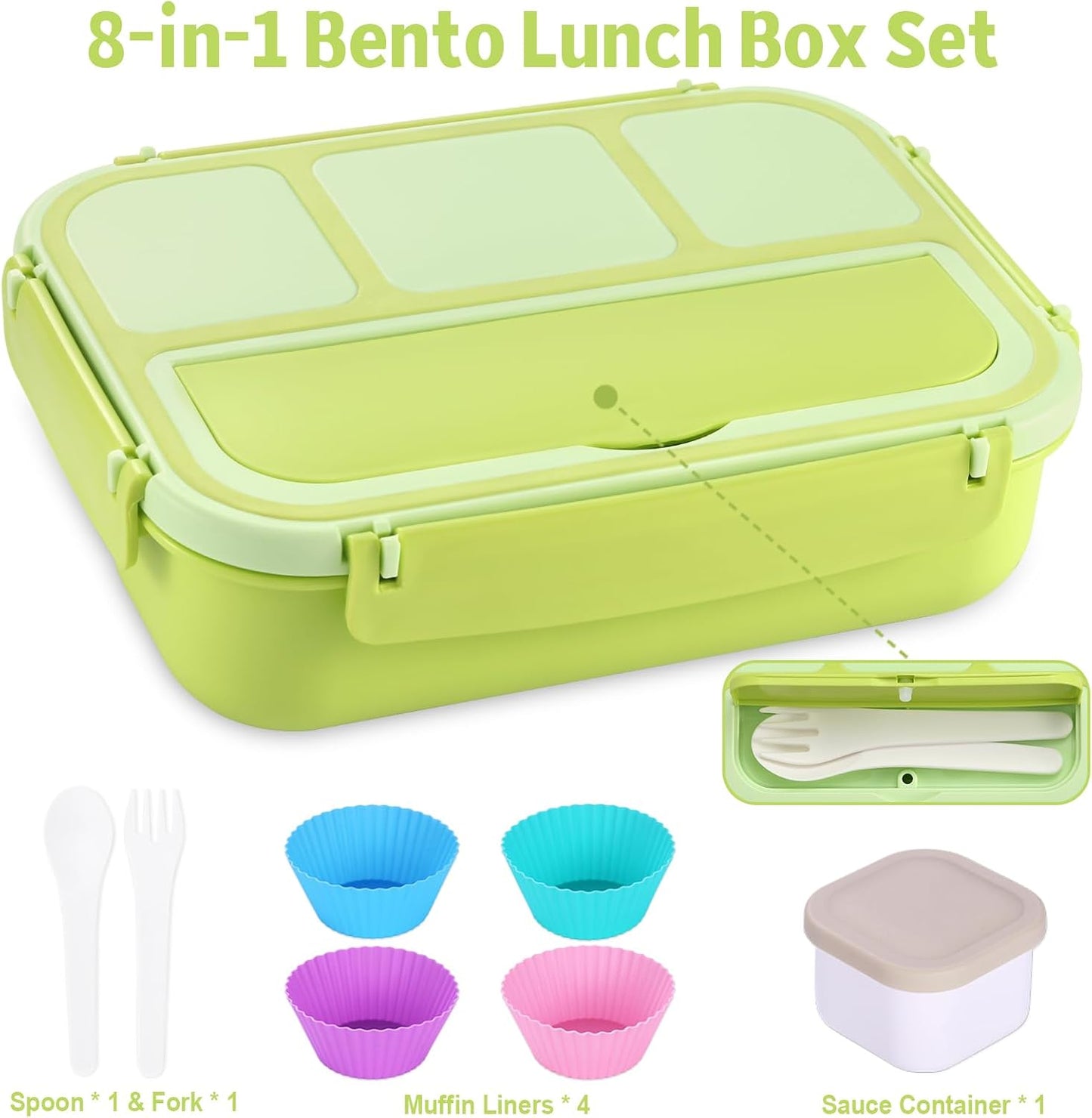 Bento Box Adult Lunch Box, Lunch Containers for Kids Girls Boys with 4 Compartments, Lunchable Food Container with Utensils, Sauce Jar, Muffin Liners, 40 Oz/5 Cup, Microwave Safe, Lavender