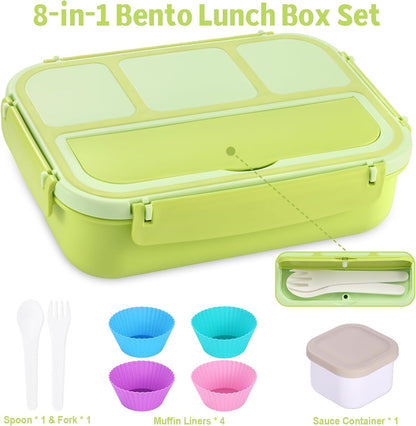 Bento Box Adult Lunch Box, Lunch Containers for Kids Girls Boys with 4 Compartments, Lunchable Food Container with Utensils, Sauce Jar, Muffin Liners, 40 Oz/5 Cup, Microwave Safe, Lavender