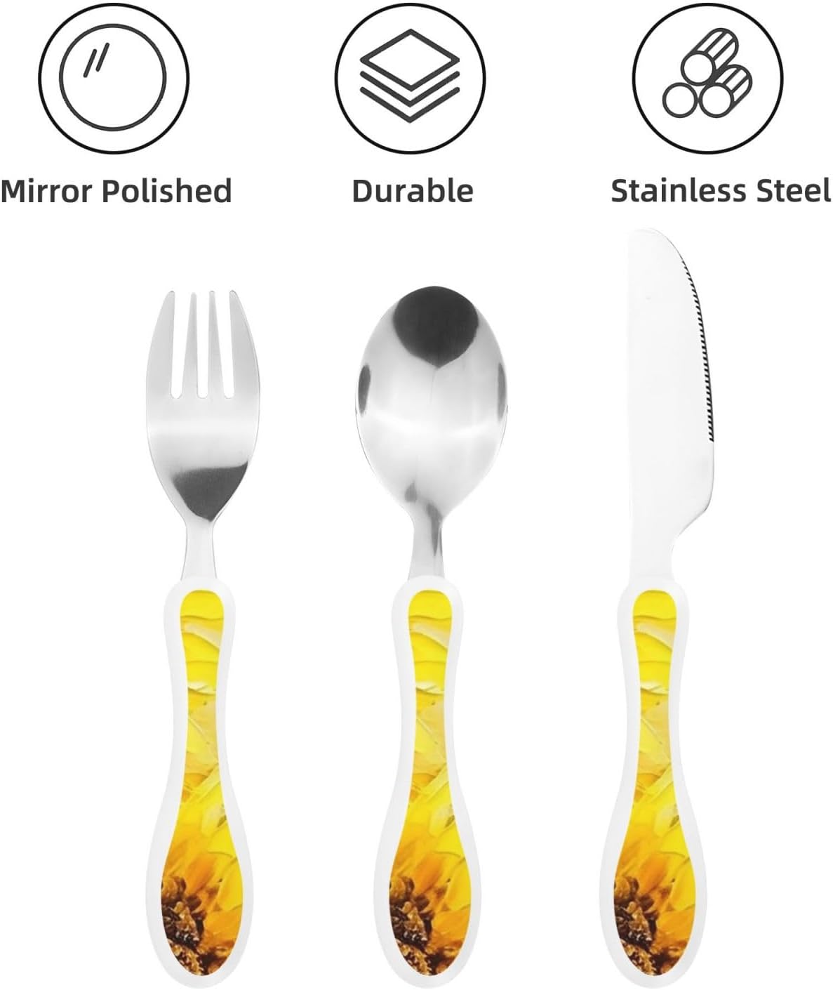 3-Piece Kids Silverware Set With Storage Case, Stainless Steel Reusable Children Safe Knife Spoon Fork Set Yellow Sunflowers Children Flatware Set For Kids Lunch Box