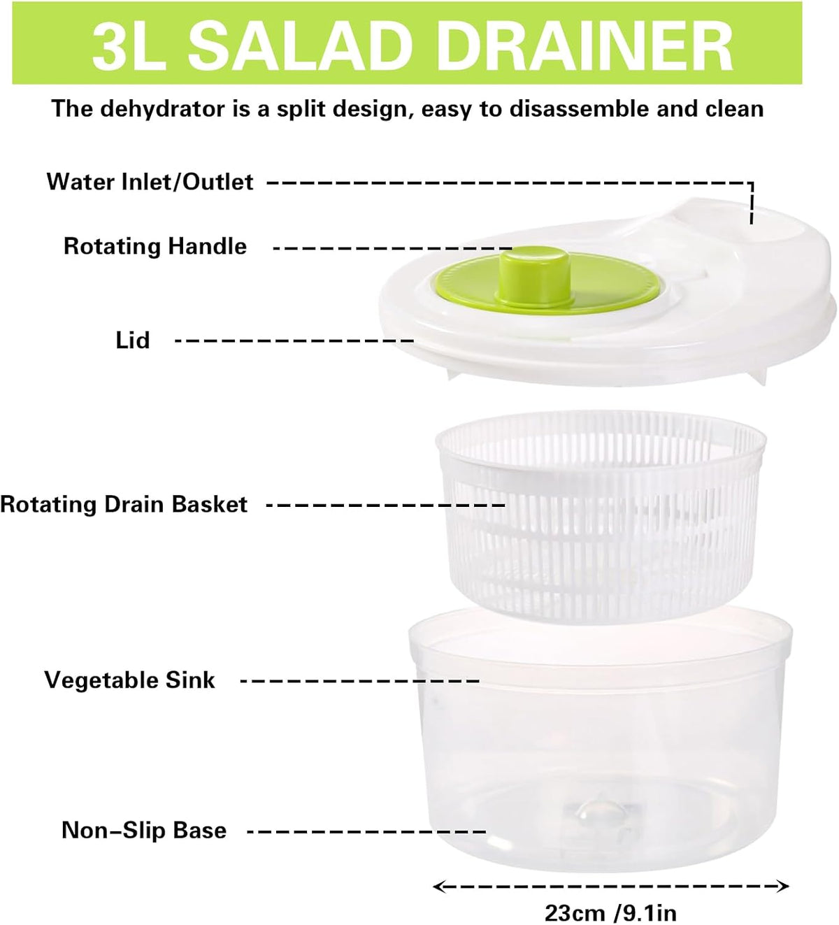 3L Salad Spinner,Fydun Versatile Lettuce Dryer with Colander & Bowl, for Berries, Fruits, and Veggies, White & Green