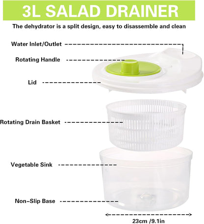 3L Salad Spinner,Fydun Versatile Lettuce Dryer with Colander & Bowl, for Berries, Fruits, and Veggies, White & Green