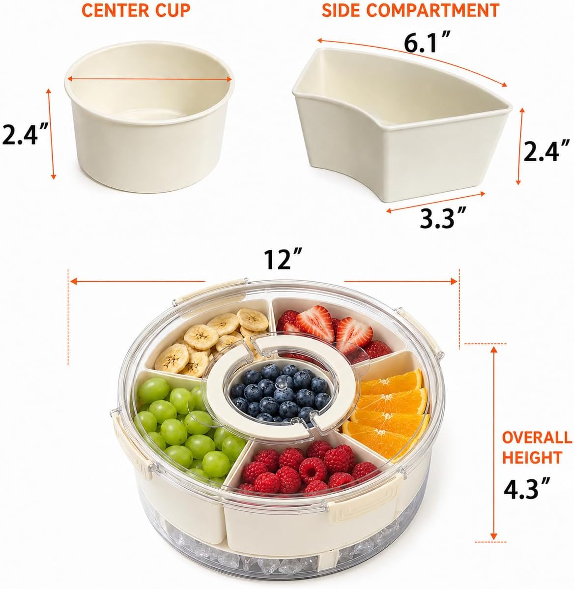 Divided Serving Tray with Lid and Handle, Rounded Snackle Box with 6 Compartments and Chill Base for Fruits, Candy, Veggie, Portable Travel Snack Container, 12 Inch