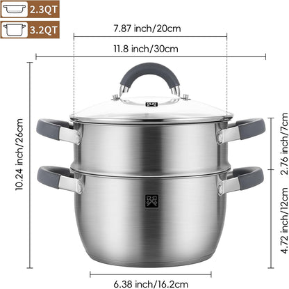 GOLDEN KEY 3.2 QT Steamer Pot With Lid - 2-Tier 18/8 Stainless Steel，Multipurpose Steaming Cookware with Vegetable Steam Basket, Oven & Dishwasher Safe, Triple Bottom for Even Heating, Perfect for Dumplings, Seafood and Vegetables