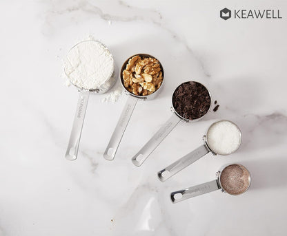 KEAWELL Premium 10-Piece 18/10 Stainless Steel Measuring Cups ans Spoons Set – Durable, Stackable, Dishwasher Safe – Nesting Design for Baking & Cooking (Silver, Measuring Cups & Spoons)
