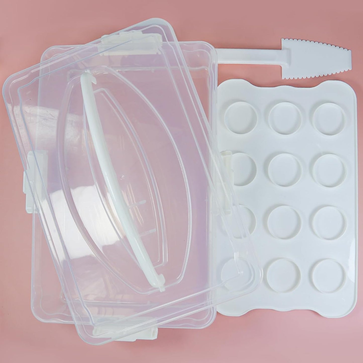 1Pack White Plastic Cake and Cupcake Carrier Holder, Large Portable Storage Container for Storing 12 Cupcakes or 1 Large Cake