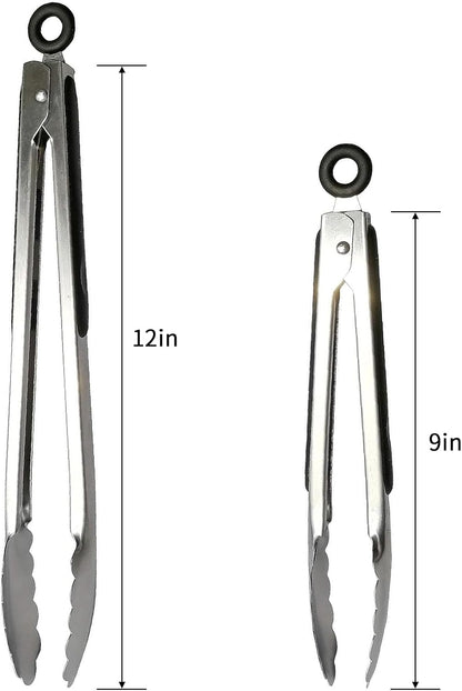 ALLTOP Metal Cooking Tongs,Stainless Steel Food Tong with No-slip Silicon and Locking Ring for Kitchen - 9 &12 inch,Set of 2-Black