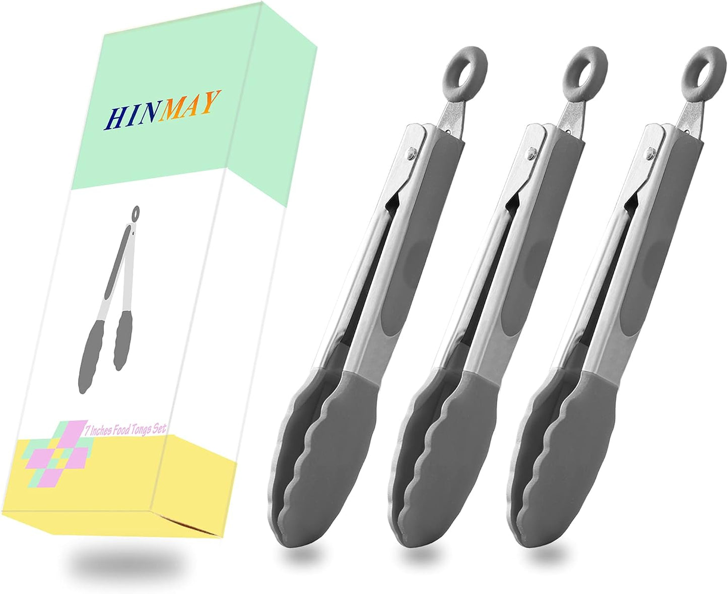 HINMAY Small Silicone Tongs 7-Inch Mini Serving Tongs, Set of 3 (Black Gray White)
