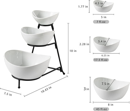 Gomakren 3 Tiered Oval Serving Bowl with Collapsible Metal Rack, Chip and Dip Serving Set, Dessert Appetizer Bowl Set (45oz / 17.5oz / 7oz), Serving Bowls For Mothers Day Entertaining (Gold Stand)