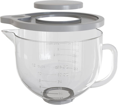 Glass Mixing Bowl 5QT Compatible with KitchenAid 4.5 & 5-Quart Tilt-Head Stand Mixers – Includes Spout Cover, Measurement Markings & Lid – (Dishwasher, Microwave & Freezer Safe)