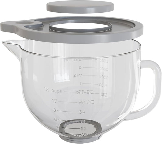 Glass Mixing Bowl 5QT Compatible with KitchenAid 4.5 & 5-Quart Tilt-Head Stand Mixers – Includes Spout Cover, Measurement Markings & Lid – (Dishwasher, Microwave & Freezer Safe)