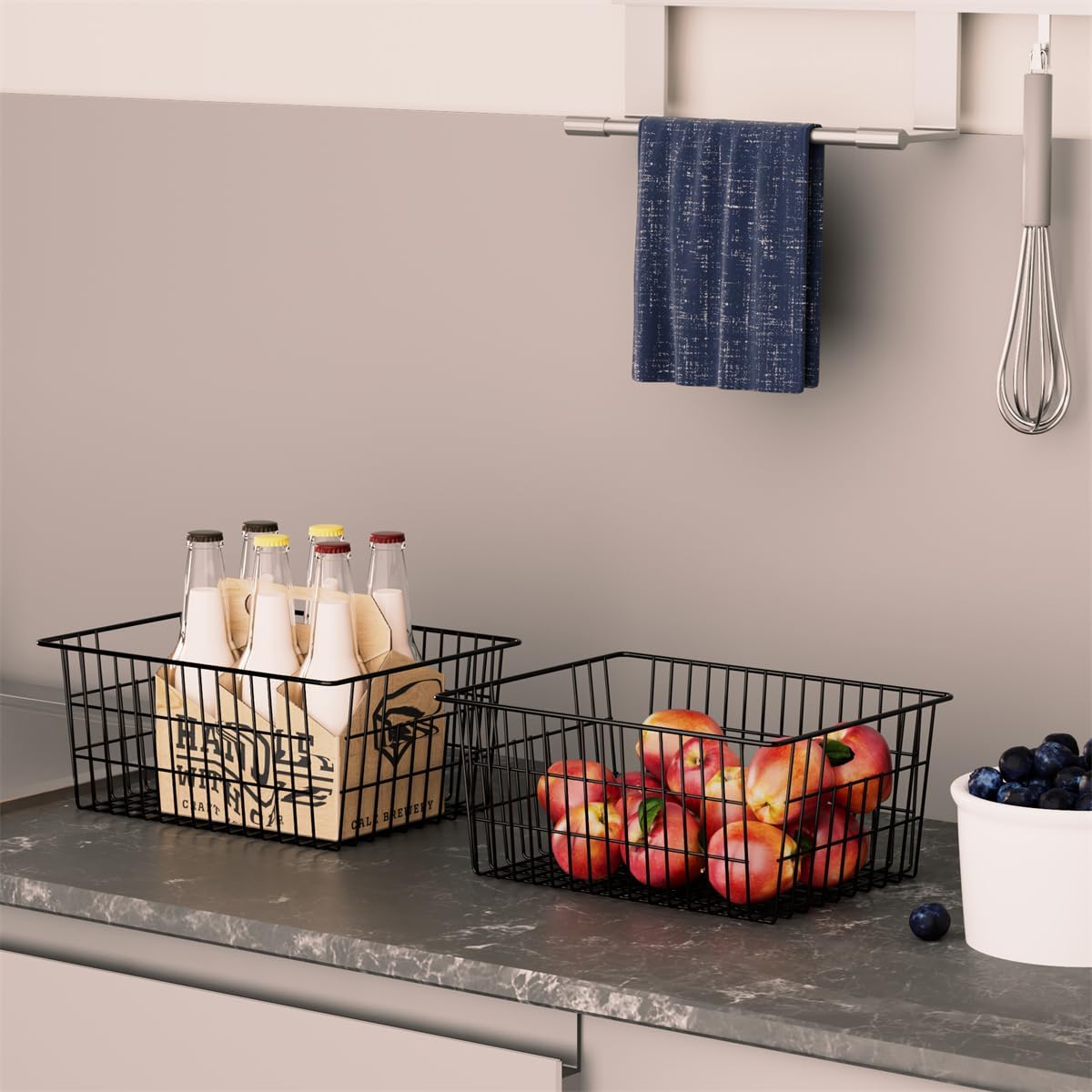 SANNO Freezer Baskets for Storage Pantry Large Metal Wire Food Storage Organizer Bin Basket with Handles - for Kitchen Cabinets, Pantry, Bathroom, Laundry Room, Closets, Garage - Chrome，2 pack