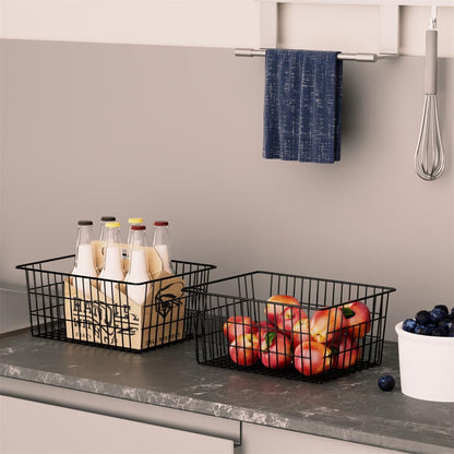 SANNO Freezer Baskets for Storage Pantry Large Metal Wire Food Storage Organizer Bin Basket with Handles - for Kitchen Cabinets, Pantry, Bathroom, Laundry Room, Closets, Garage - Chrome，2 pack
