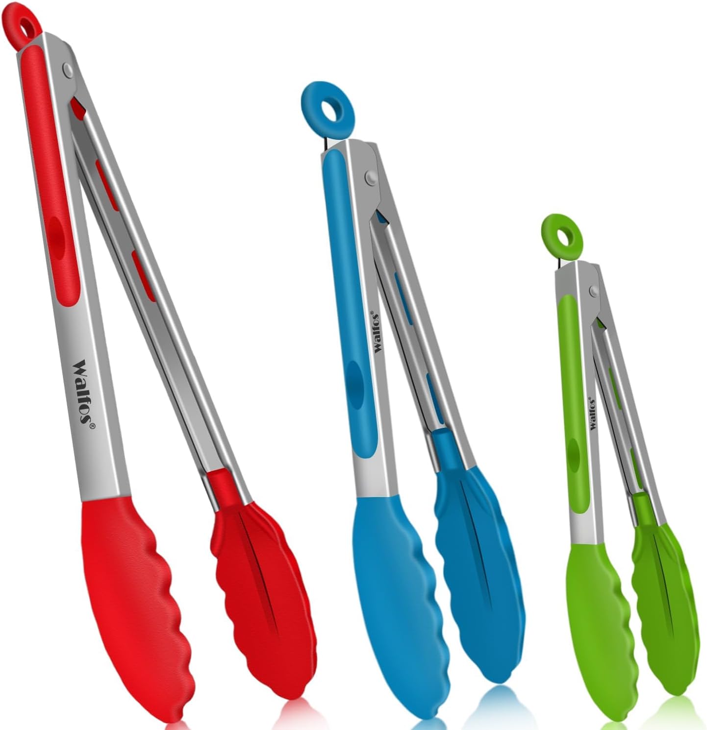 Walfos Kitchen Tongs for Cooking, 600℉ Heat Resistant Stainless Steel Tongs, All Metal Heavy Duty Tongs For Food ,BBQ Grilling - 7 ，9 and 12 Inch ,Set of 3