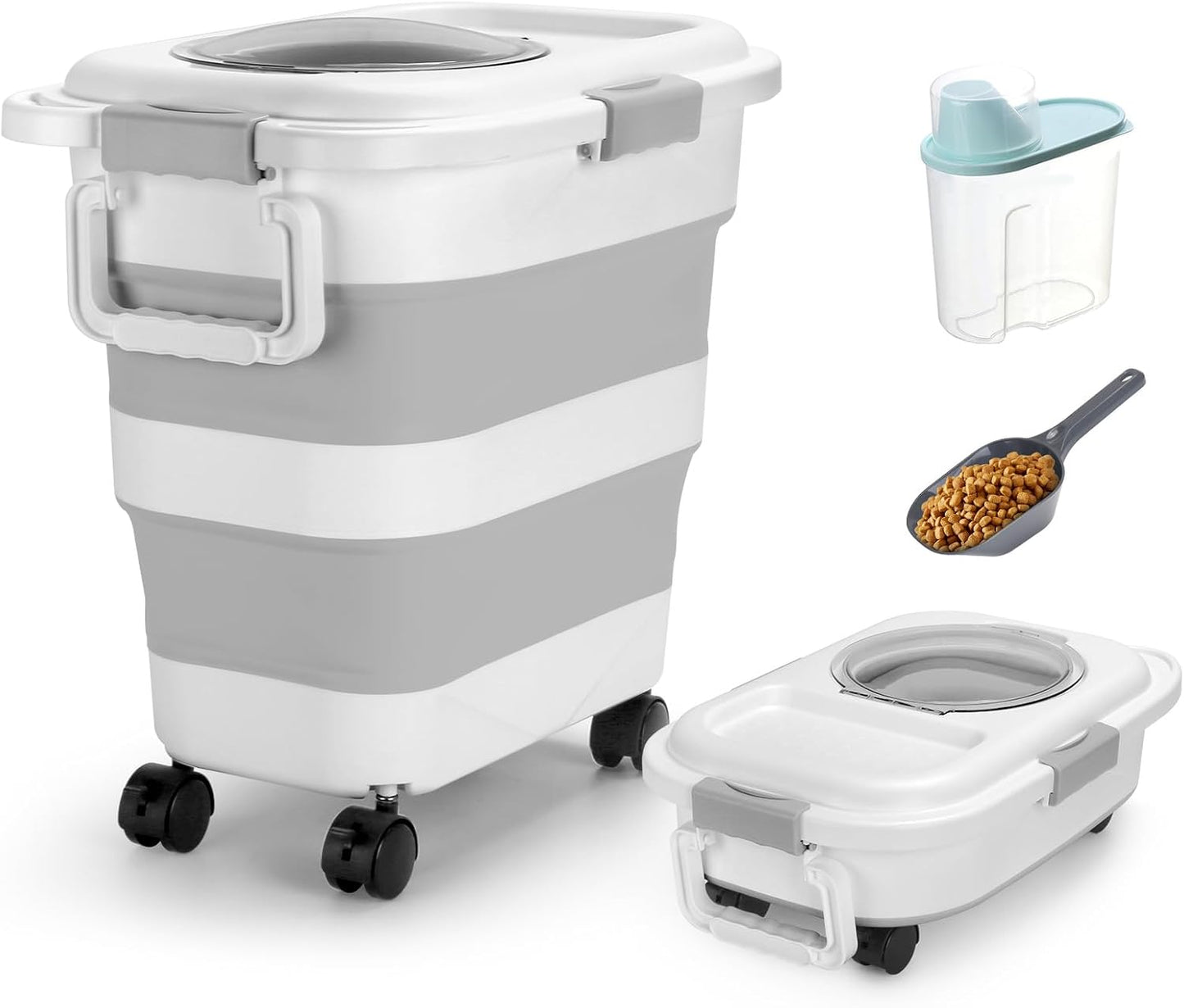 Beyoung 25-28lbs Airtight Dog Food Storage Containers with Wheels and Lids, Collapsible Pet Food Storage Bins with Handle, 50lb Rice Storage Bucket with Scoop, Dry Food Storage Bins (Khaki)