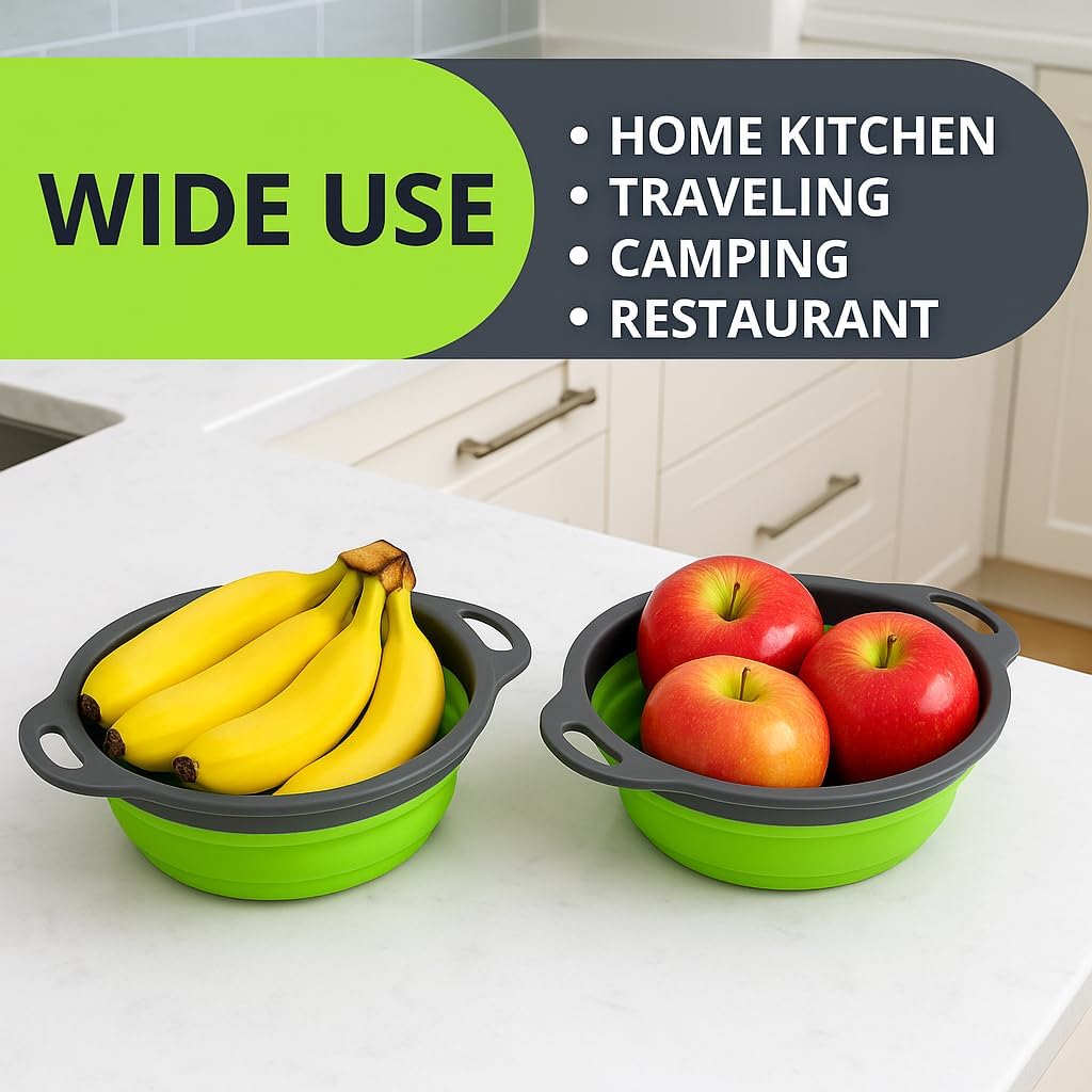 3PCS Green Foldable Kitchen Strainer Set – Silicone Colander Collapsible Strainers and Colanders Green Collander for Kitchen Collapsible Compact Drain Tools for Cooking Prep