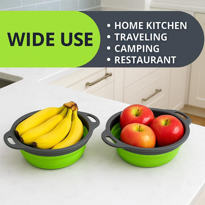 3PCS Green Foldable Kitchen Strainer Set – Silicone Colander Collapsible Strainers and Colanders Green Collander for Kitchen Collapsible Compact Drain Tools for Cooking Prep
