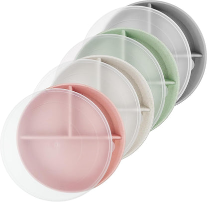 greenandlife 9 Inch 4PCS Portion Control Plates with Lids, Divided Plates for Kids Adults, Dishwasher Microwave Safe Compartment Plate, Unbreakable Lightweight Reusable Wheat Straw Plate, Earth Tone