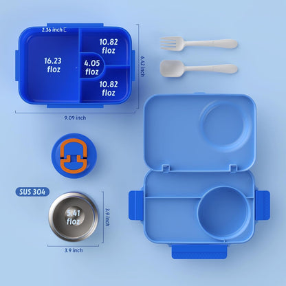 DaCool Upgraded Kids Lunch Box with Thermo for Hot Food 1400ml Child Bento Box for Kids with 5oz Small Thermo for Boys Girls with Fork Spoon Leakproof for Dining Out School Work Picnic, Blue