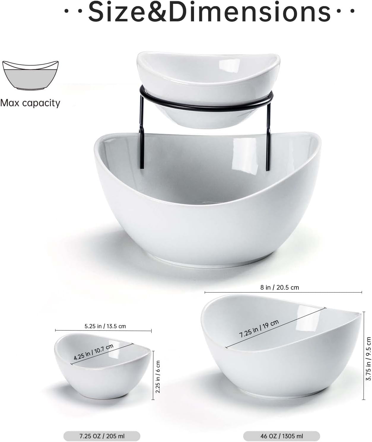 UNICASA Serving Bowls Set, 2 Tier Chip and Dip Bowls with Metal Rack Stand for Fruit, Salad, Candy, Snacks - Ceramic Tiered Appetizer Serving Dishes Food Display Stand for Parties, Kitchen