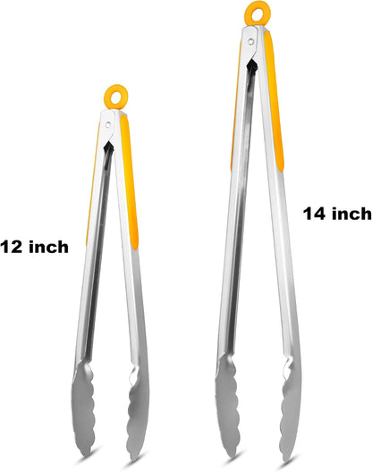 304 Stainless Steel Kitchen Cooking Tongs, 9" and 12" Set of 2 Sturdy Grilling Barbeque Brushed Locking Food Tongs with Ergonomic Grip, Black