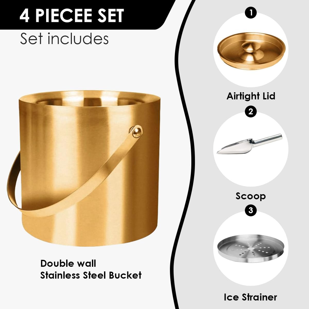 3L beige white Double Wall Insulated Stainless Steel Ice Bucket with scoop for Cocktail Bar,Metal Ice Bucket for freezer with Lid for parties.ice Container to Keep Ice Colder,bar cart accessories