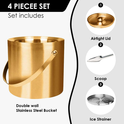 3L beige white Double Wall Insulated Stainless Steel Ice Bucket with scoop for Cocktail Bar,Metal Ice Bucket for freezer with Lid for parties.ice Container to Keep Ice Colder,bar cart accessories