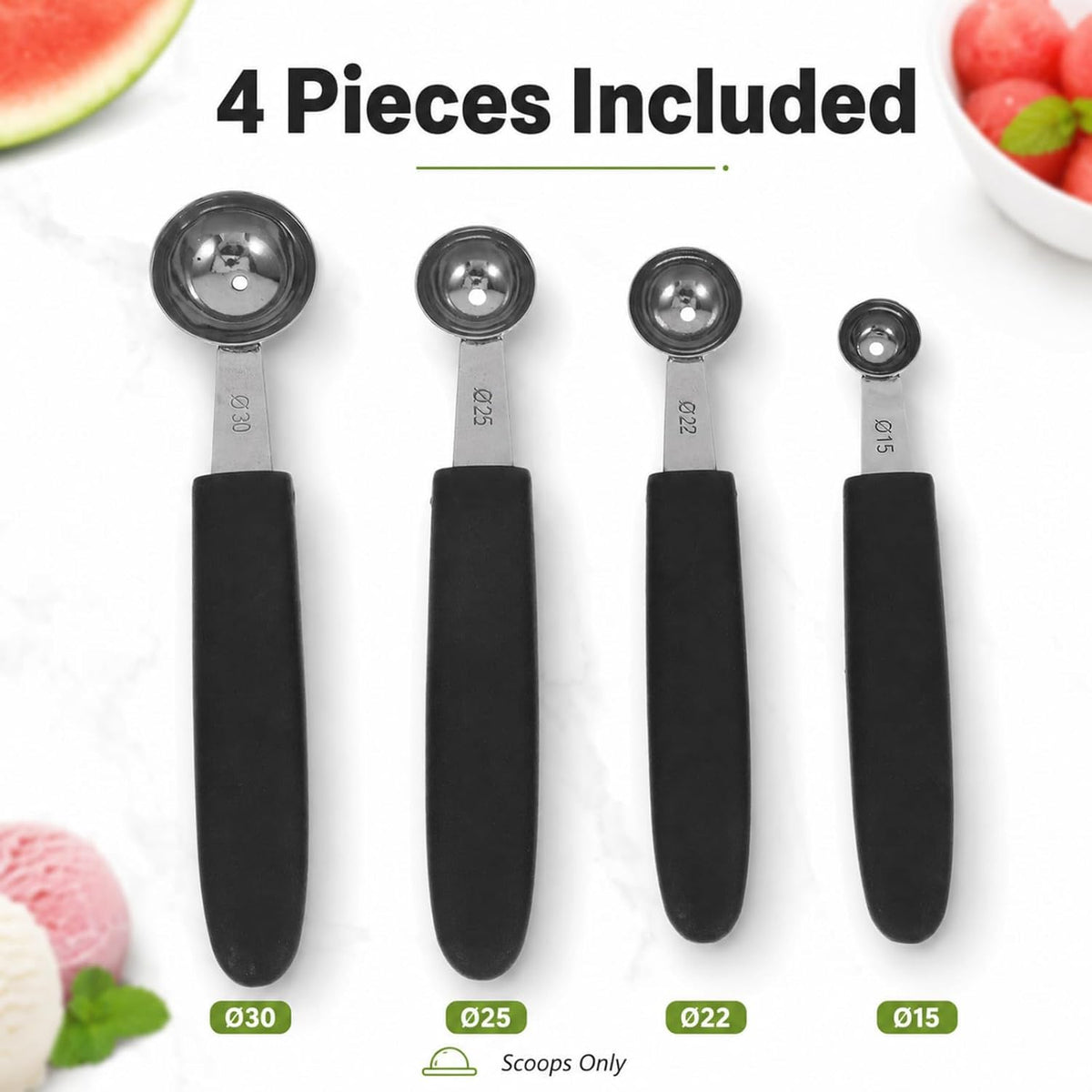 4 Pack Melon Baller Scoop Set, Stainless Steel Fruit Scoopers