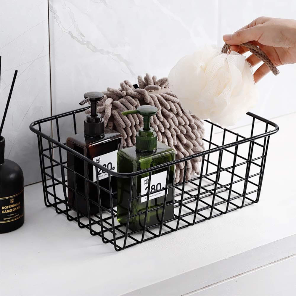 Metal Wire Baskets, Dveda 6 Pack 11.02" x 8.7" x 4.7" Durable Metal Storage Basket, Black Wire Basket with Handles for Cabinets, Pantry Storage, Bathroom, Shelf Organizing