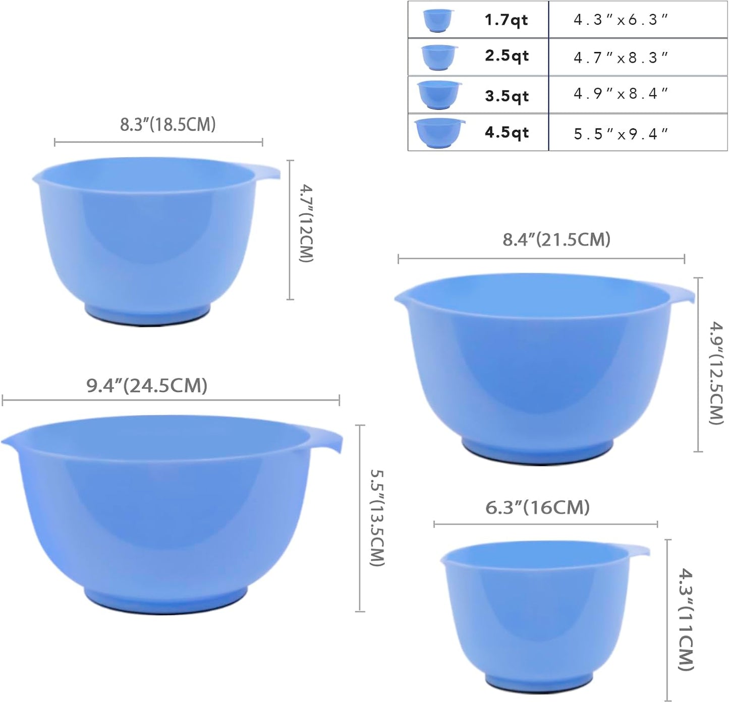 BoxedHome 4.5 Quart Large Plastic Mixing Bowls, Microwave Safe Mixing Bowl Set with Pour Spout, Nesting Bowls for Space Saving Storage(Violet Blue)