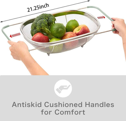 AJIODA Over The Sink Colander, 4 Quarts Stainless Steel Oval Colander with Expandable Rubber Grip Handle, Fine Mesh Strainer Baskets Kitchen Colanders for Strain, Drain, Rinse Vegetable, Fruits, Black