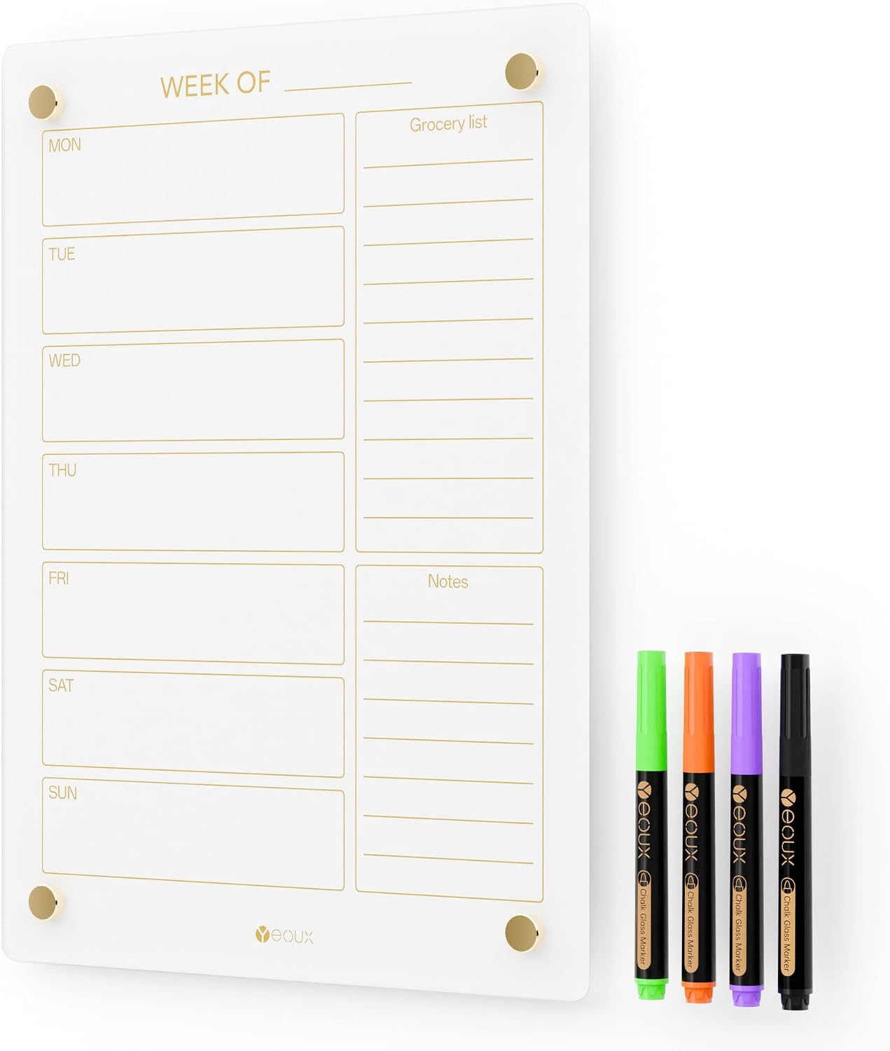 Clear Glass Weekly Dry Erase Calendar & Menu Non-Magnetic Whiteboard for Wall, Meal Plan & Grocery List White Board for Kitchen, 15x11, 7 Days Home Planner, 4 Wet Erase Markers Included, Yeoux