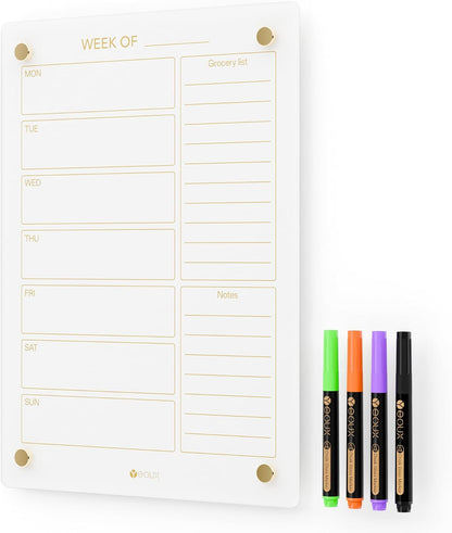 Clear Glass Weekly Dry Erase Calendar & Menu Non-Magnetic Whiteboard for Wall, Meal Plan & Grocery List White Board for Kitchen, 15x11, 7 Days Home Planner, 4 Wet Erase Markers Included, Yeoux