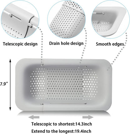 KesaPlan Collapsible Sink Colanders and Strainers Basket Over the Colander Extendable Plastic Fruit Vegetable Strainer Drainer for Kitchen(Length 14.3-19.4 inch)(Gray Set of 2)