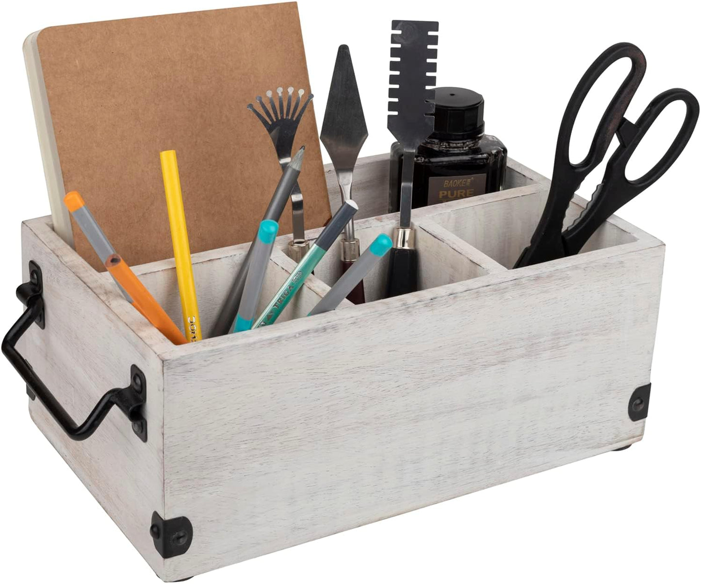 GoCraft 4-Compartment Flatware Caddy – Wooden Cutlery Holder with Napkin Holder, Silverware & Condiment Organizer, White Washed Mango Wood with Metal Handles, Perfect for Kitchen, Dining, and Picnics