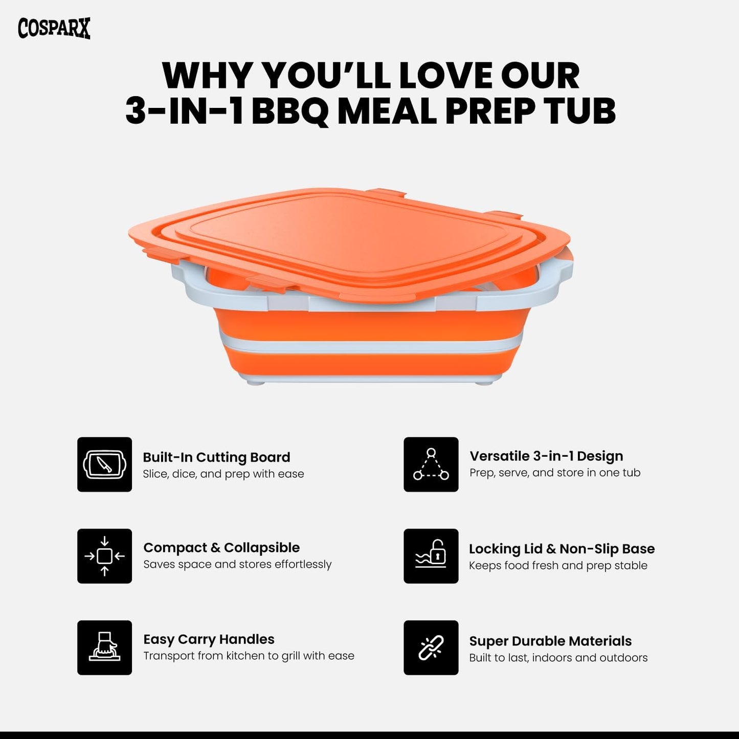 XL Collapsible BBQ Prep Tub with Cutting Board & Drain Plug – Portable Food Prep Station for Kitchen, Camping & Grill – Dishwasher Safe, Space-Saving Design – Heat-Resistant Glove Included (Black)