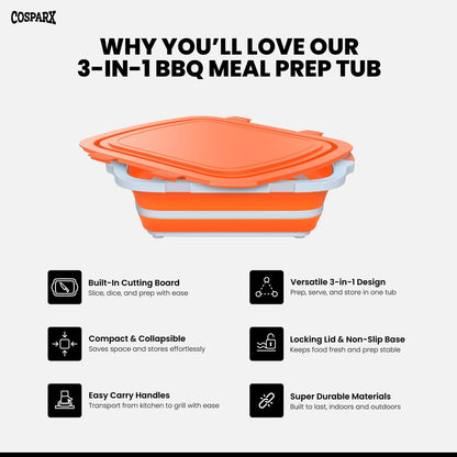XL Collapsible BBQ Prep Tub with Cutting Board & Drain Plug – Portable Food Prep Station for Kitchen, Camping & Grill – Dishwasher Safe, Space-Saving Design – Heat-Resistant Glove Included (Black)