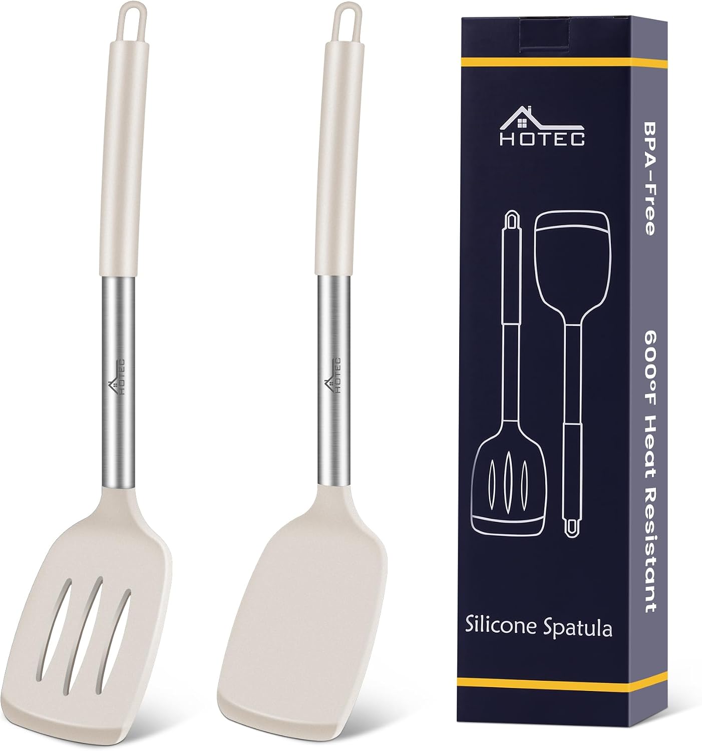 HOTEC Silicone Spatula Set of 2 Heat-Resistant 600°F & BPA-Free Kitchen SaptulaTurner with Stainless Steel Handles, Slotted & Solid Spatulas for Nonstick Cookware, 13.7 Inch, Classic Blue