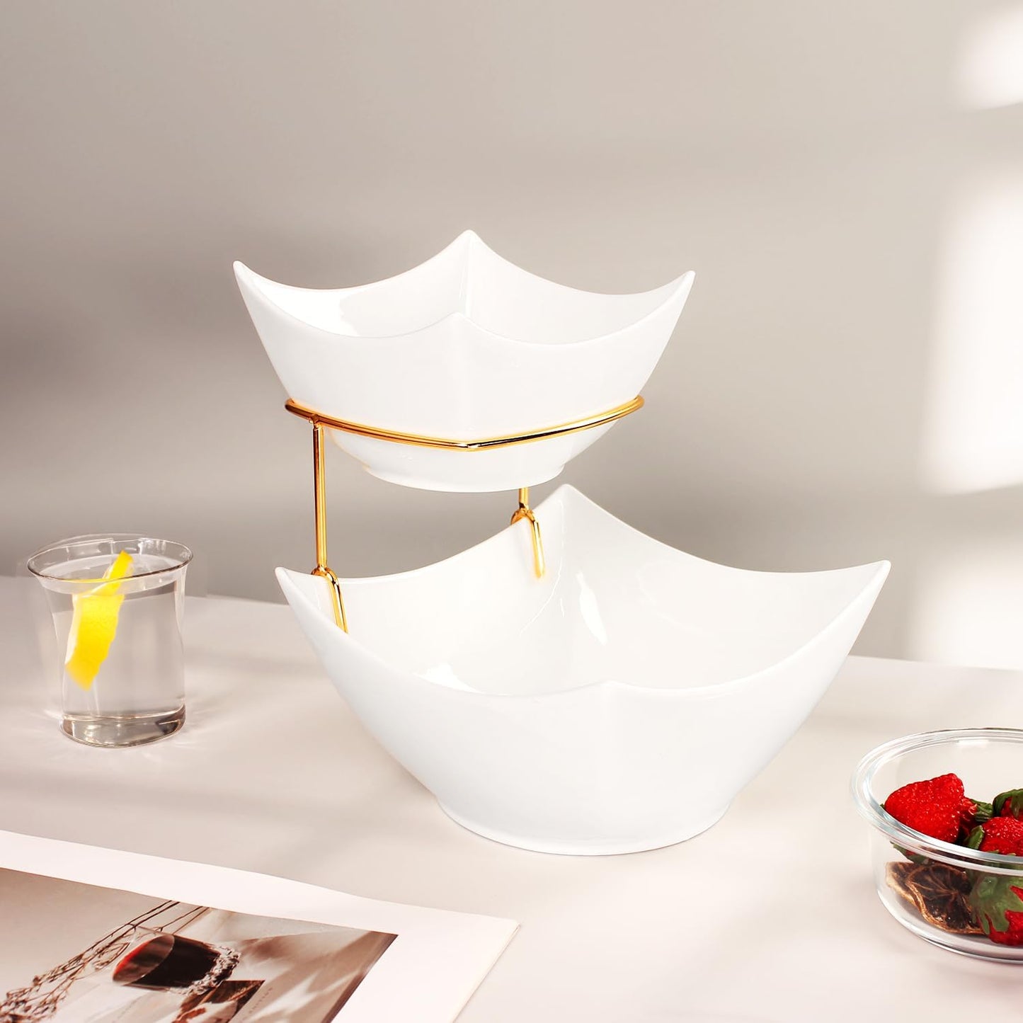 Tiered Serving Bowl Set, Square 2 Tier Chip and Dip Bowls with Stand, for Nuts, Salsas, Food Tray, Ceramic Appetizer Serving Display Stand for Parties, Entertaining