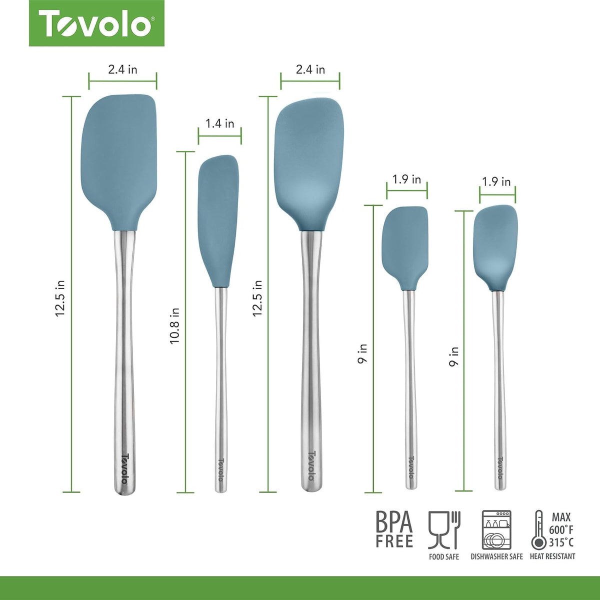 Tovolo Flex Core 5 Piece Silicone Spatula Set Heat Resistant All Silicone Utensils Include Non Stick Spatula Spoonula Jar Scraper, Dishwasher Safe BPA Free Spatulas for Baking Mixing, White