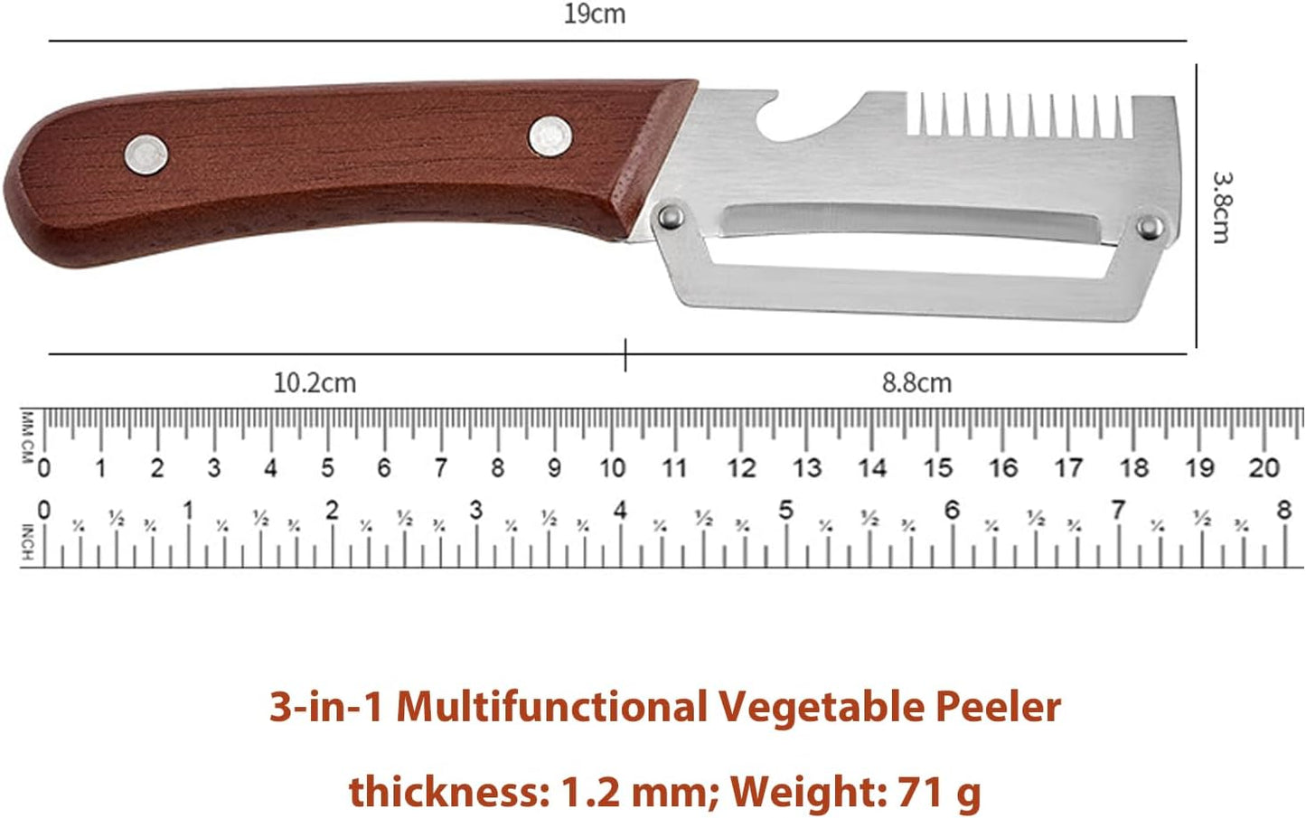 Multifunctional Vegetable Peeler, 2PCS Premium Vegetable Peeler with Wooden Handle and Bottle Opener, 3-In-1 Stainless Steel Kitchen Tool, for Fruit Veggie Peeling and Shredding Scallions (0A)