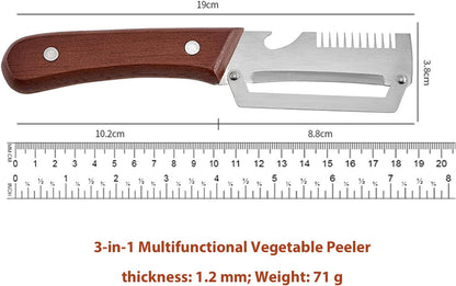 Multifunctional Vegetable Peeler, 2PCS Premium Vegetable Peeler with Wooden Handle and Bottle Opener, 3-In-1 Stainless Steel Kitchen Tool, for Fruit Veggie Peeling and Shredding Scallions (0A)