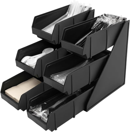 Serve Condiment Bin, 3-Tier 6-Compartment Plastic Containers Storage Bins, Wall Mount or Tabletop Condiment Organizer, Easy Assembly Space-Saving for Kitchen, Restaurant, Party
