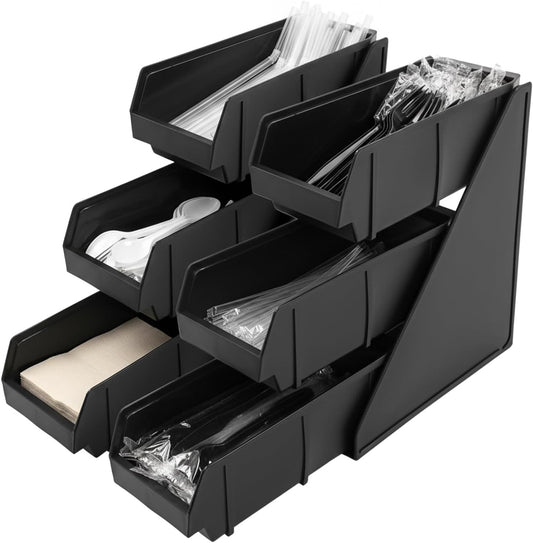 Serve Condiment Bin, 3-Tier 6-Compartment Plastic Containers Storage Bins, Wall Mount or Tabletop Condiment Organizer, Easy Assembly Space-Saving for Kitchen, Restaurant, Party