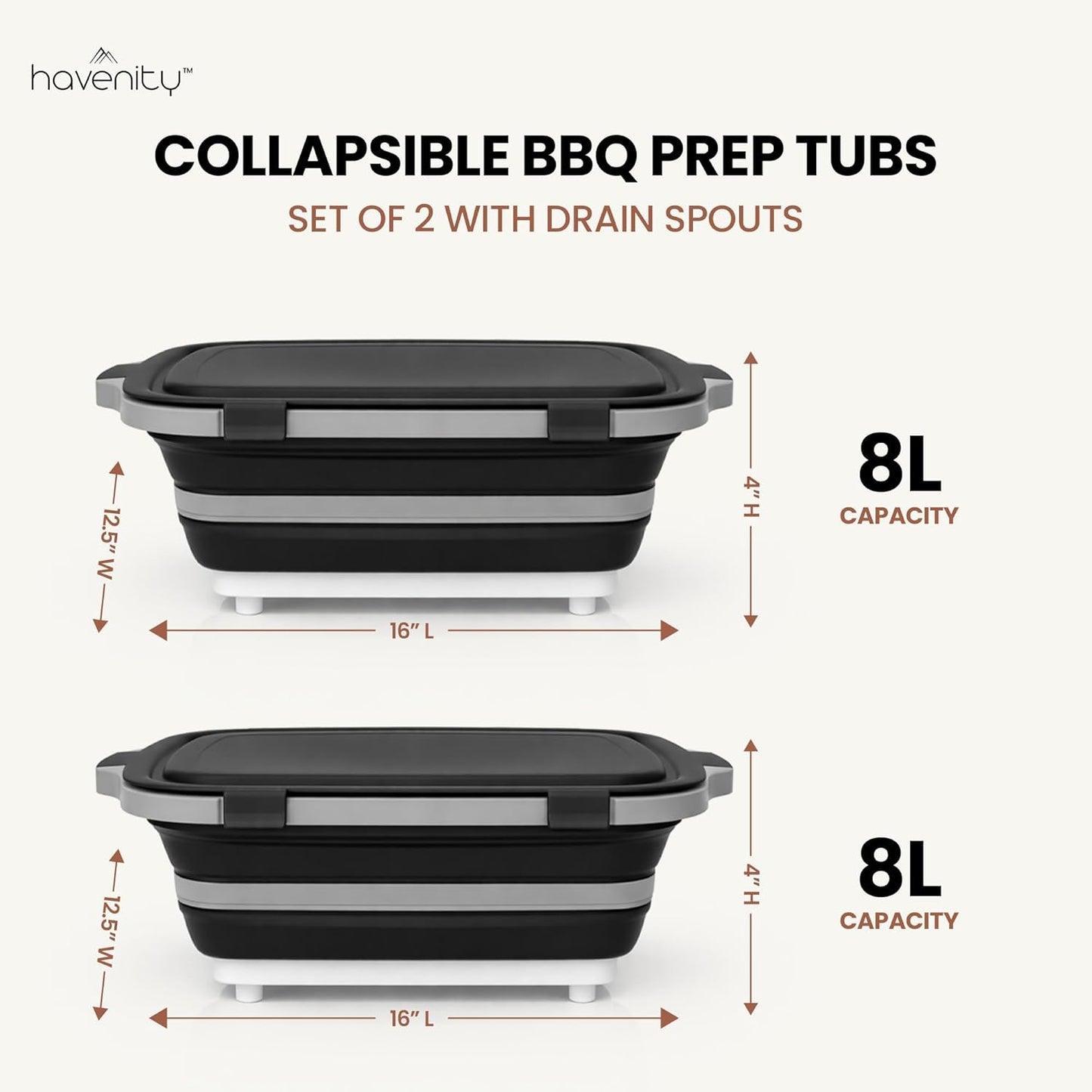BBQ Prep Tub 2 Pack (8L+8L) - Multifunctional Collapsible Camping Cutting Board with Upgraded Locking Lid, Meal Prep Meat Storage Container Perfect for Grilling, Outdoor Cooking (Large x 2)