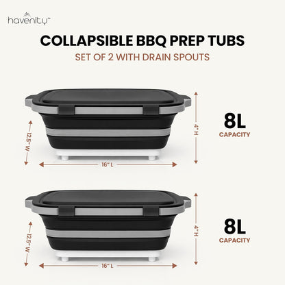 BBQ Prep Tub 2 Pack (8L+8L) - Multifunctional Collapsible Camping Cutting Board with Upgraded Locking Lid, Meal Prep Meat Storage Container Perfect for Grilling, Outdoor Cooking (Large x 2)