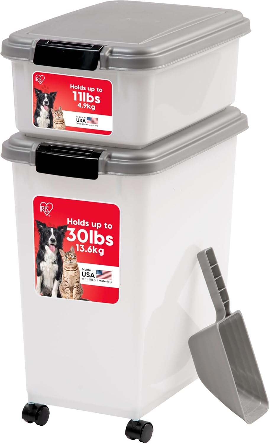 IRIS USA Dog Food Storage Container 30 lb + 11lb Airtight Combo, Stackable Pet Food Storage Bin with Wheels for Cat Dog Food, BPA Free, Made in USA, Black